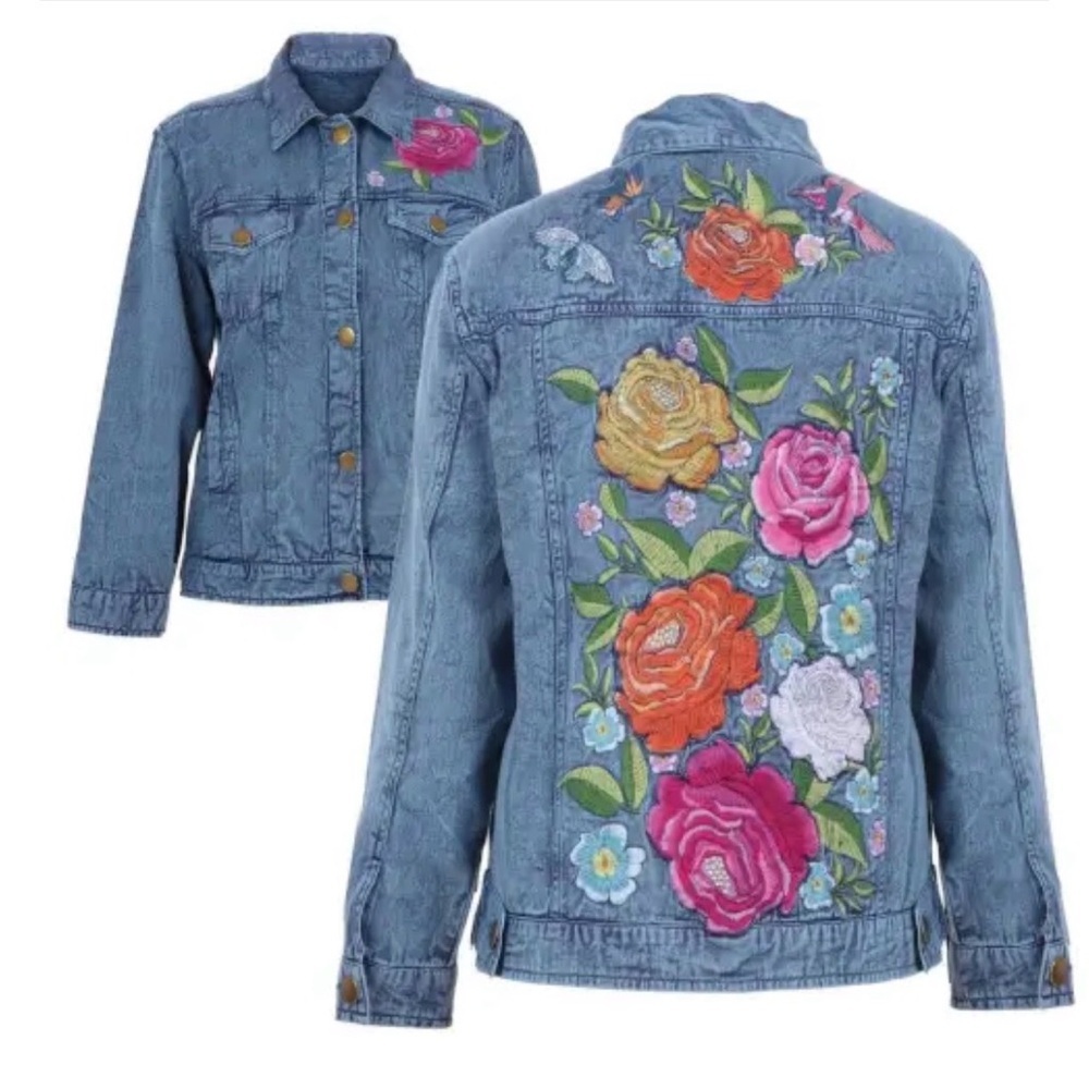 NWT AVANI DEL AMOUR denim floral embroidered jacket size 2XL boho festival blue